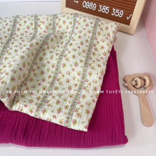 vải xô muslin 2 lớp cao cấp hoa hồng nhí nền sọc siêu vintage dùng may váy,áo,đồ ngủ