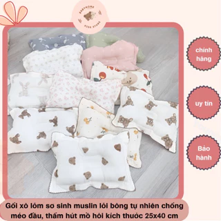 Gối xô lõm sơ sinh muslin lõi bông tự nhiên chống méo đầu, thấm hút mồ hôi kích thước 25x40 cm