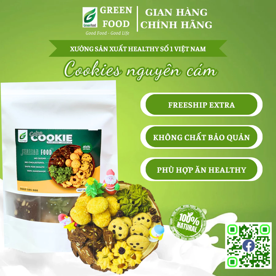 Bánh 𝐂𝐎𝐎𝐊𝐈𝐄𝐒 nguyên cám GreenFood, Bánh ăn kiêng giảm cân dành cho người giảm cân, tiểu đường