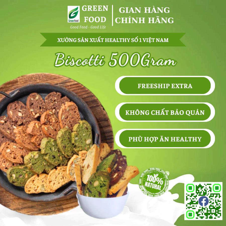 Bánh BISCOTTI Nguyên Cám mix 5 vị GreenFood, bánh ăn kiêng giảm cân không đường-Bánh Hạt Ngũ Cốc Giảm Cân