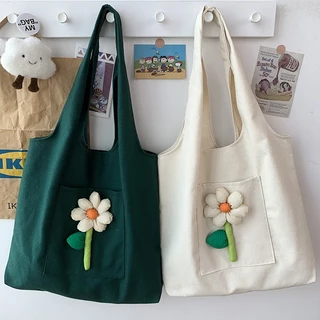 Túi tote canvas gắn hoa nổi xinh cute, túi tote thời trang đi học, đi làm, đi chơi