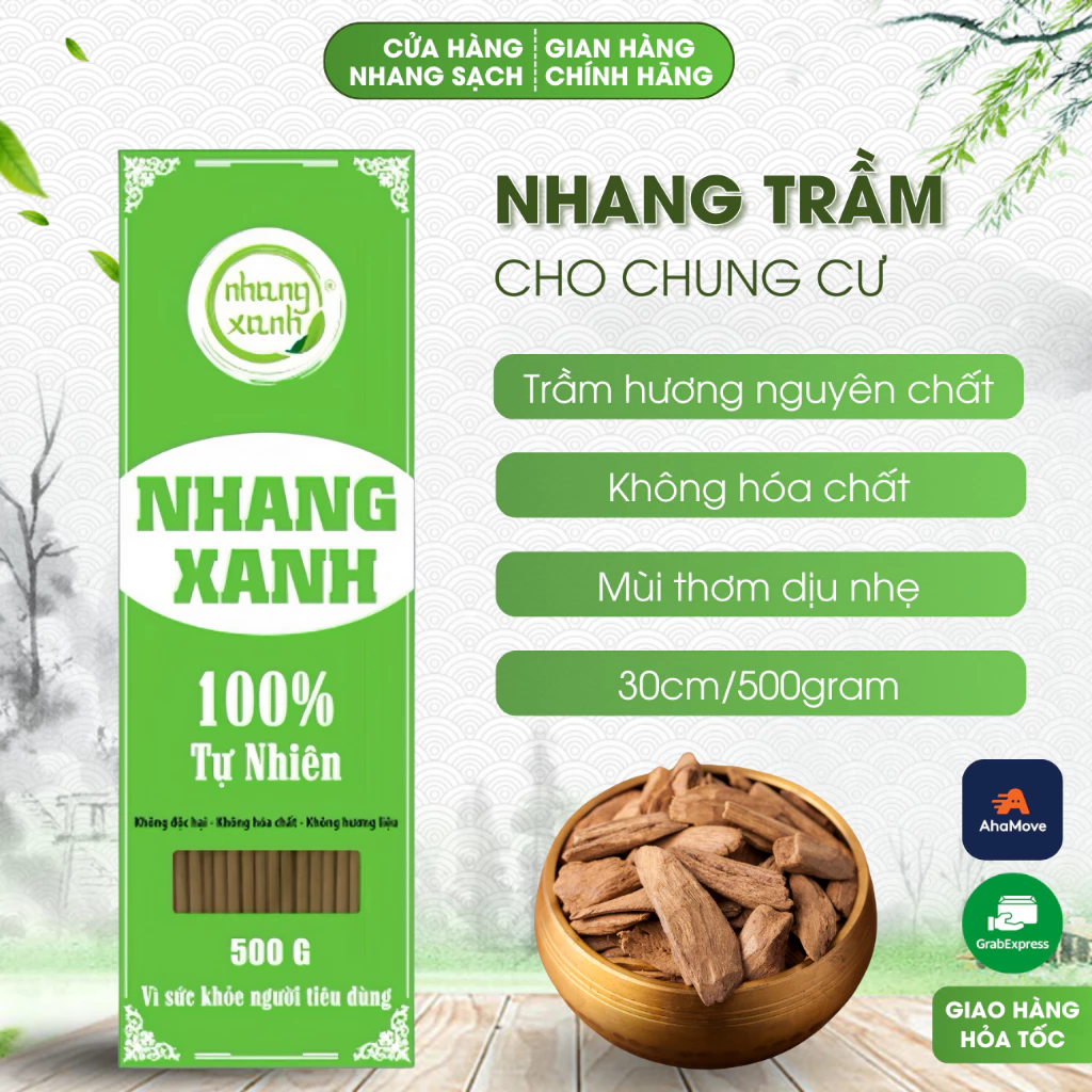 Nhang trầm hương Nhang Xanh hộp 500gr 30cm - Hương trầm dịu nhẹ, ít khói không cuốn tàn