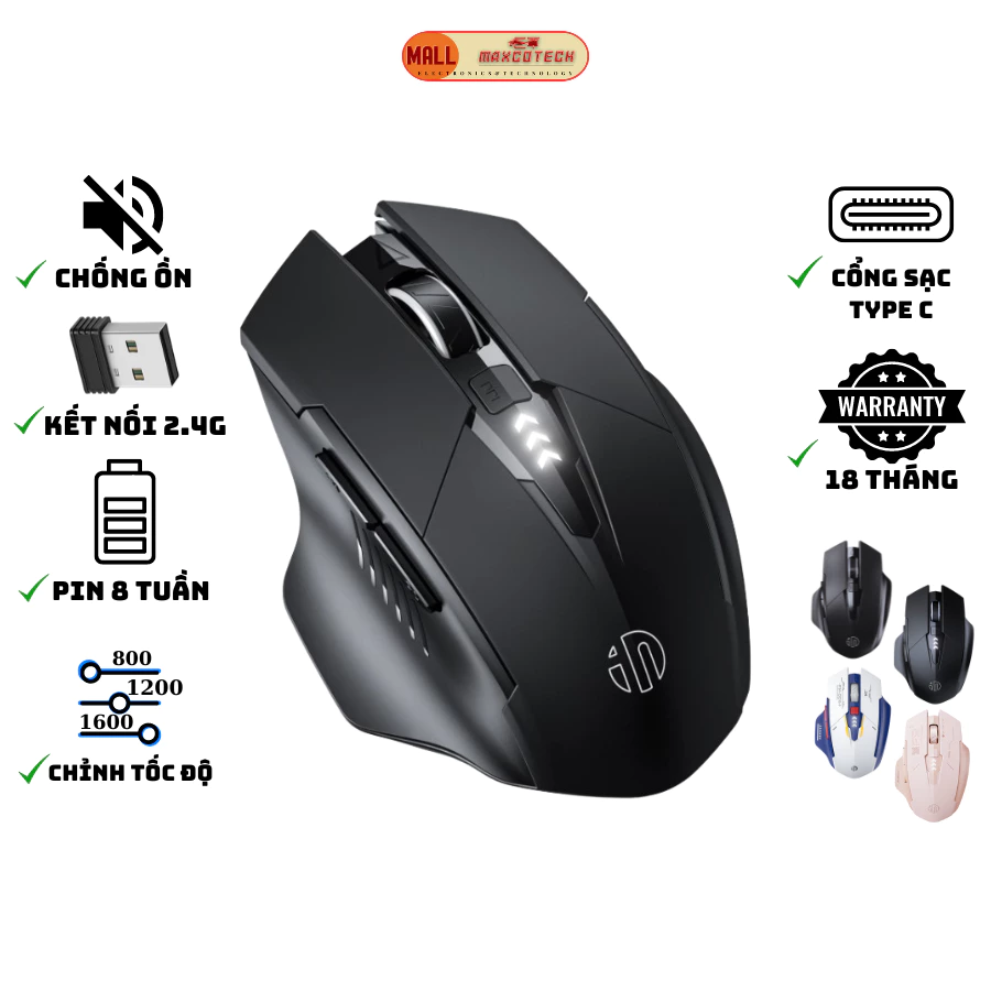 Chuột không dây gaming sạc pin Maxcotech Inphic F1 báo mức pin chống ồn kết nối Wireless 2.4G