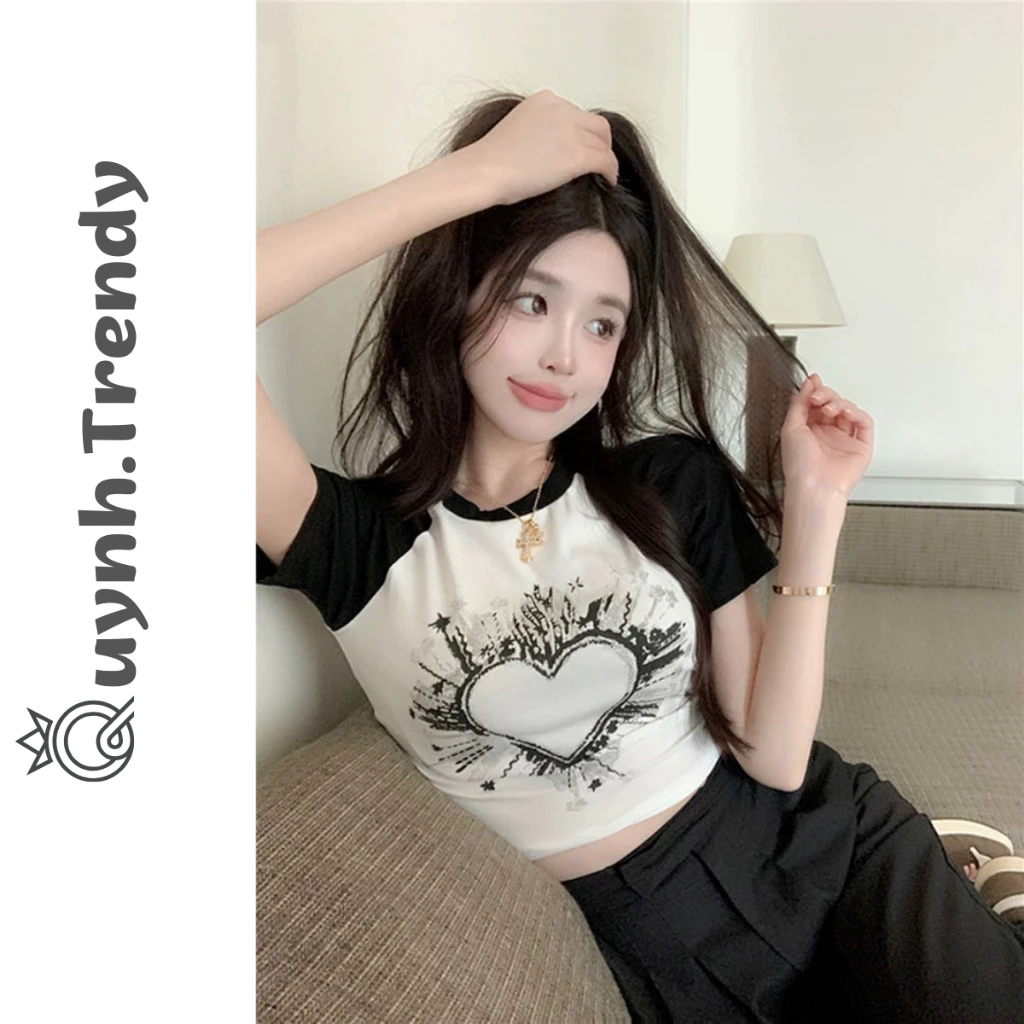 Áo Croptop Nữ Ôm Body TIM Cổ Tròn Tay Ngắn, Áo Thun Croptop Nữ Chất Borip Mềm Quynh Trendy A87