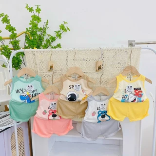 Bộ quần áo ba lỗ thun lạnh họa tiết cho bé trai, bé gái size 6-16kg