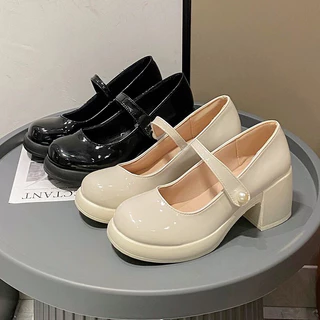 Giày búp bê lolita đế 7cm da bóng quai ngọc