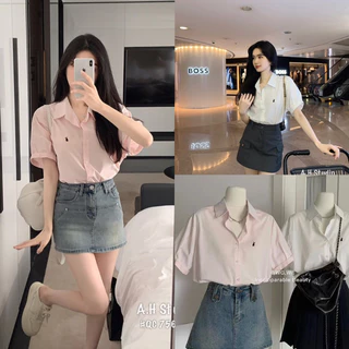 ÁO SƠMI THÔ CỘC TAY THÊU THỎ tay lật style Ulzzang