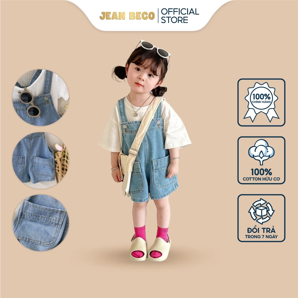 Quần yếm jeans hai dây JEANBECO, yếm jean dáng ngắn cho bé gái bé trai phối 2 túi trước dễ thương YN01