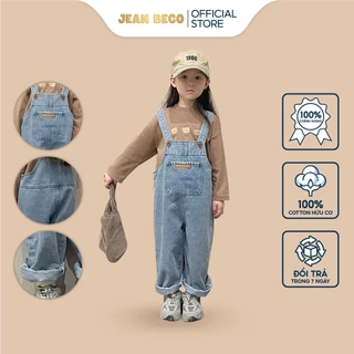 Quần yếm jeans hai dây JEANBECO, yếm jean dáng dài cho bé trai bé gái đáp da form rộng phong cách Hàn Quốc QYD007