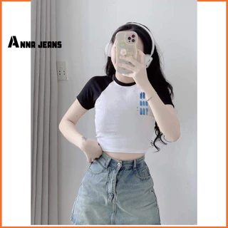 Áo Croptop phối tay in chữ 100%cotton chất vải dày dặn co giãn bốn chiều