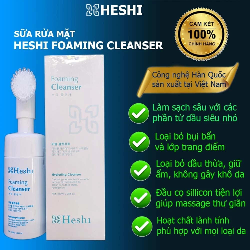 Sữa rửa mặt Heshi Foaming Cleaser 100ml với đầu cọ giúp sạch sâu dịu nhẹ, ngừa mụn