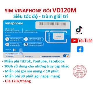 Sim Vinaphone 4G dùng mãi mãi gói cước Mạng Xã Hội VD120M không giới hạn data + Gọi Thoại, Hàng chính hãng