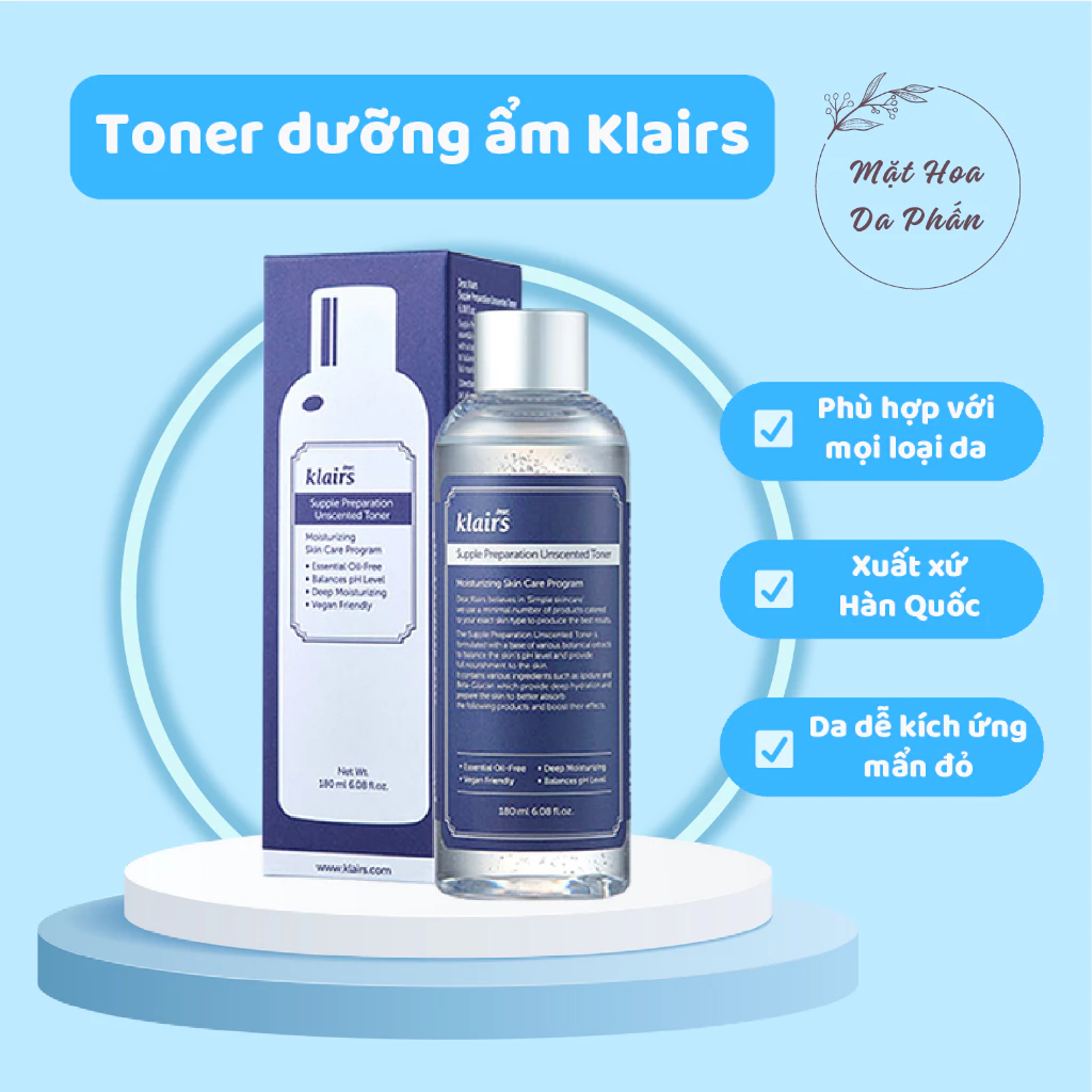 Toner dưỡng ẩm Klairs không mùi làm mềm da, phục hồi, làm dịu da - Nước hoa hồng dưỡng ẩm 180ml