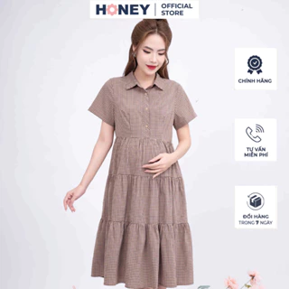 Váy bầu thời trang công sở dáng babydoll cố đức chất thô chun mềm mát 1 lớp - Thời trang đầm bầu cao cấp HONEY