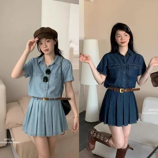 @redcatstore - Set Áo Sơ Mi Ngắn Tay Và Chân Váy Bò Xếp Li Kèm Đai Hãng WGWE Trẻ Trung Xinh Xắn