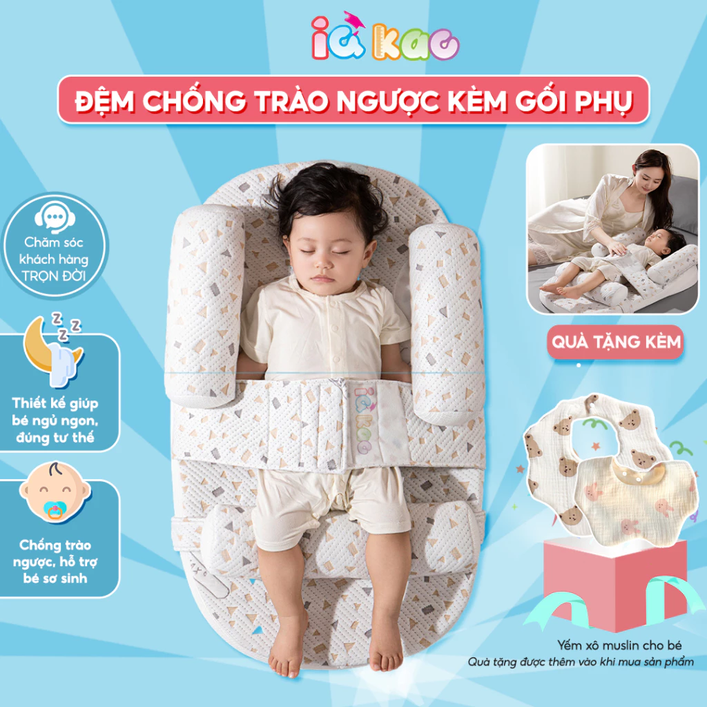 Đệm gối chống trào ngược cao cấp IQKAO đai đeo, kèm gối chặn, hỗ trợ bé sơ sinh, giúp ngủ ngon, đúng tư thế BI01