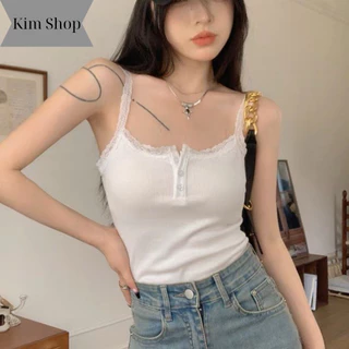 Áo 2 dây phối ren viền cổ cài nút cực sexy Kim Fashion, áo hai dây phong cách Hàn Quốc cá tính hiện đại