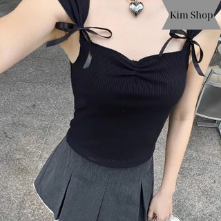 Áo 2 dây đính nơ dễ thương cực sexy Kim Fashion, Áo hai dây dệt kim tay ngắn hở lưng dễ thương hiện đại