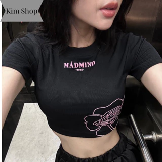 Áo croptop tay ngắn cổ tròn in hình hoa hồng cá tính Kim Fashion,Áo phông tay ngắn hiện đại dễ thương