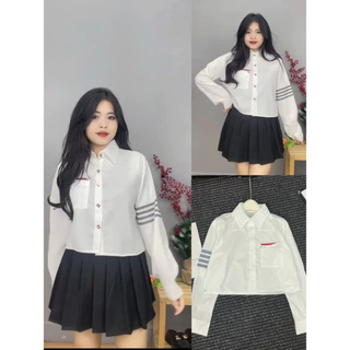 Áo sơ mi nữ dài tay trắng phối viền tay thom, áo kiểu croptop ulzzang dáng ngắn A253