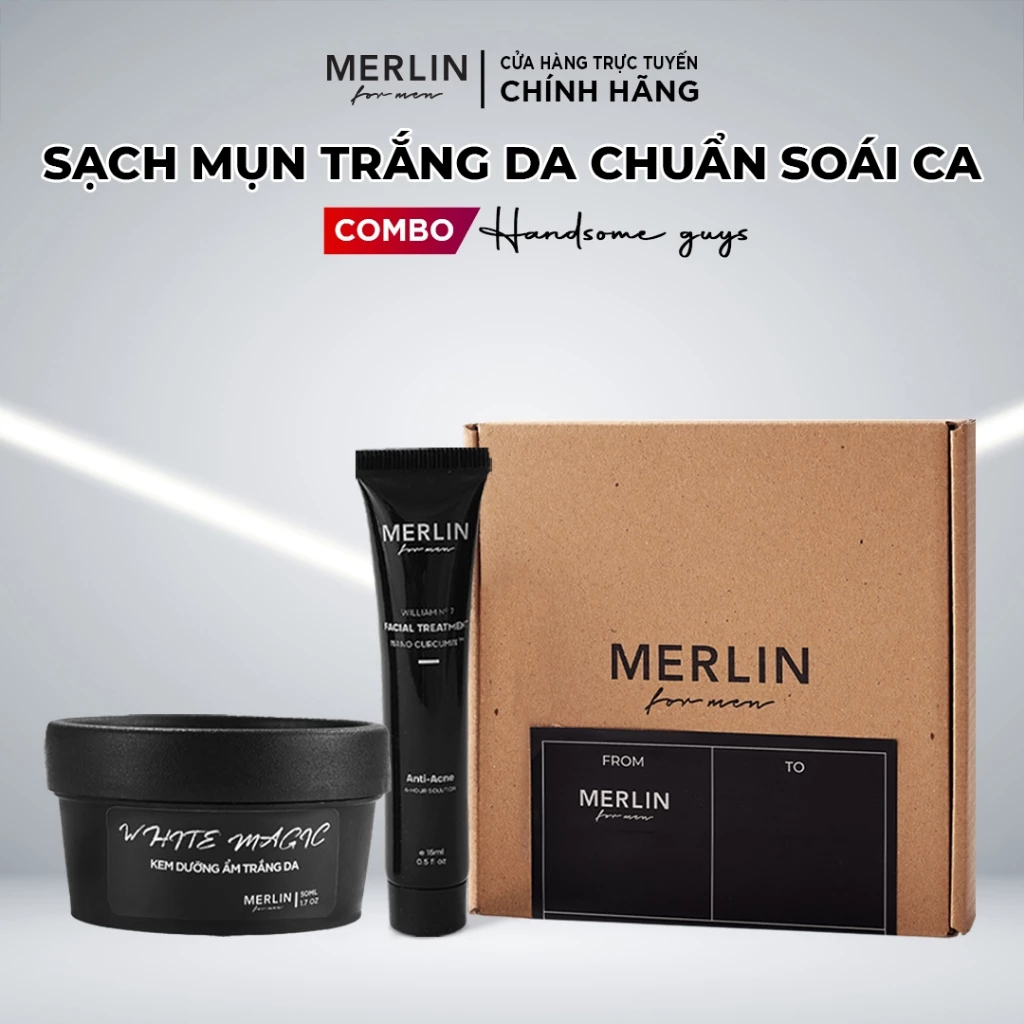 Combo chăm da chuẩn Hàn Quốc cho nam Merlin For Men - Kem dưỡng trắng cấp ẩm và Kem chấm mụn giảm thâm Nano Curcumin