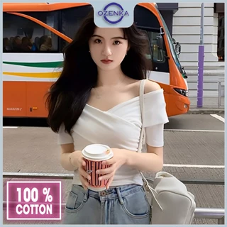 Áo croptop kiểu trễ vai nữ cổ v hở vai đen trắng ozenka , áo crt tay ngắn thời trang mùa hè cotton trơn mịn mềm mát