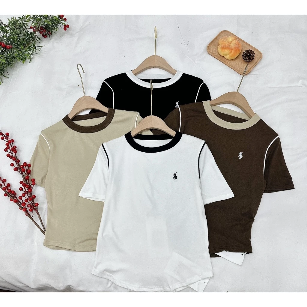 Áo thun Babytee cộc tay Thêu ngựa, Áo thun nữ dáng vừa body tay ngắn phối màu cổ tròn phong cách Hàn Quốc