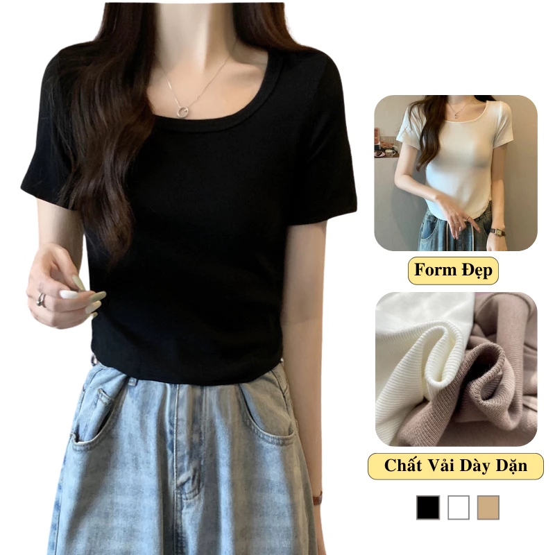 Áo Thun Croptop Nữ Cổ Vuông Tay Ngắn Madela Mềm Mịn, Áo Croprop Nữ Cổ Vuông Tay Ngắn