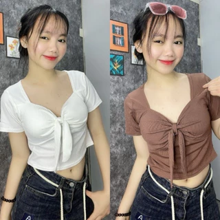 Áo thun croptop cọc tay có đệm mút thắt nơ---Áo croptop buộc nơ mùa hè