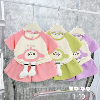 (8-26kg) Bộ quần áo cộc cotton hình thêu gắn chân bông cho bé gái