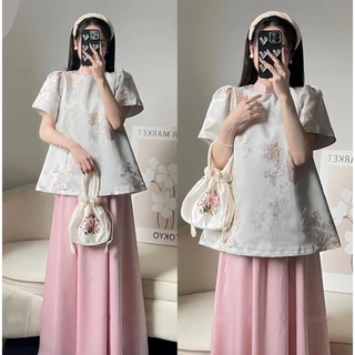 Áo gấm hồ điệp cổ tàu đi lễ chùa du xuân phối quần suông lụa đủ size s m l xl hinhistore