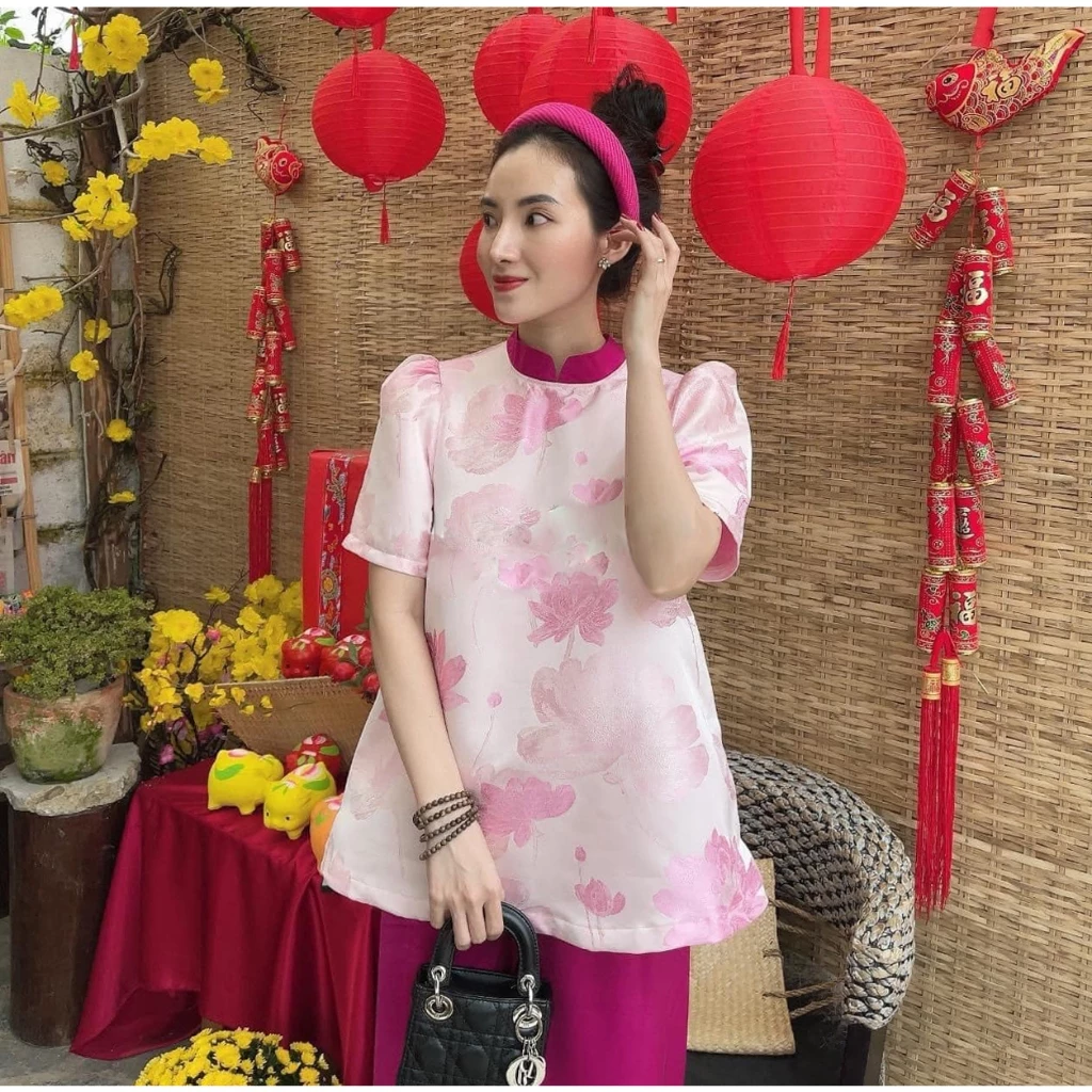 Áo cổ tàu gấm tafta hoa sen đi chùa du xuân phối quần suông lụa đủ size s m l xl hinhi store