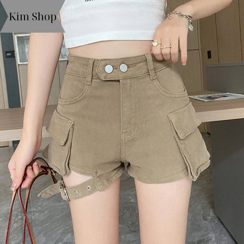 Quần short nữ kaki túi hộp cạp cao thiết kế 2 nút cá tính Kim Fashion, Quần short túi 2 bên phối đai cài hiện đại