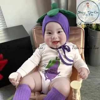 (HÀNG CÓ SẴN )Set bộ bodysuit cover CÀ TÍM bản ngắn tay và dài tay  kèm mũ cho bé 5-13kg