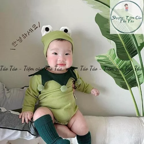 (HÀNG CÓ SẴN) Set bộ body dài tay, ngắn tay cover Ếch xanh kèm mũ cho em bé Hàn Quốc bé từ 5-13kg