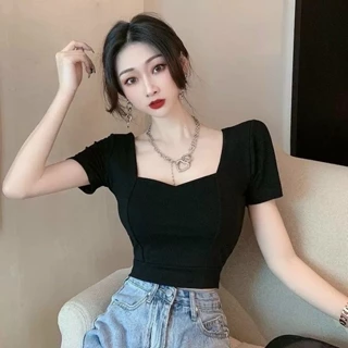 Áo thun ngắn cổ vuông croptop chất vải tăm cotton mềm mịn co giãn dáng ôm