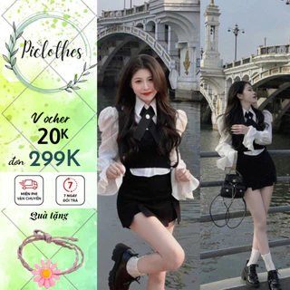 Set Dạ Áo Sơ Mi Tay Chun Mix Gile Kèm Chân Váy Chữ A + Tag Nơ Đá Cao Cấp Piclothes