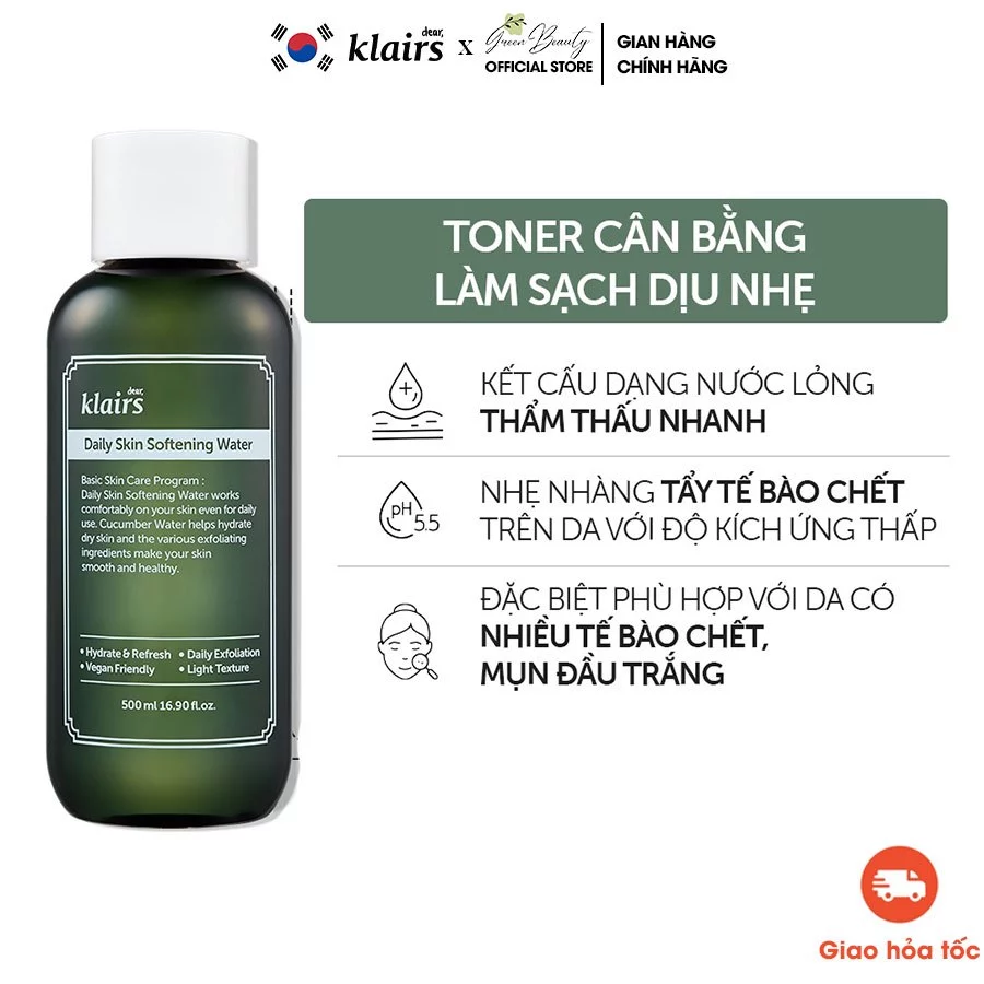 Nước Hoa Hồng Dear Klairs Làm Sạch Dịu Nhẹ Daily Skin Softening Water 500mL Nhập Hàn Quốc Chính Hãng