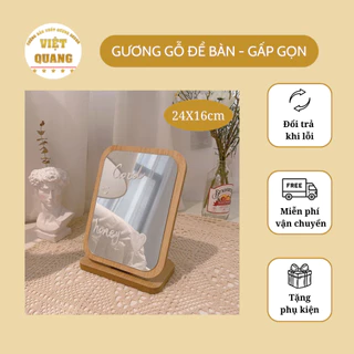 Gương Trang Điểm Để Bàn Khung Gỗ Cao Cấp, Gương Gấp Gọn Kích Thước 24x16cm Phong Cách Hàn Quốc