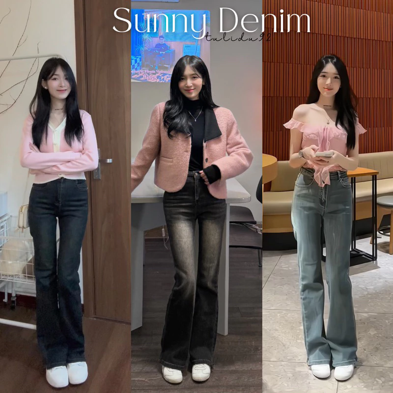 Quần Jean Ống Loe "Sunny Denim" TULIDU Dáng Bootcut Lưng Cao Chất Cotton Jean Co Giãn Mềm Mịn Màu Retro #LY59