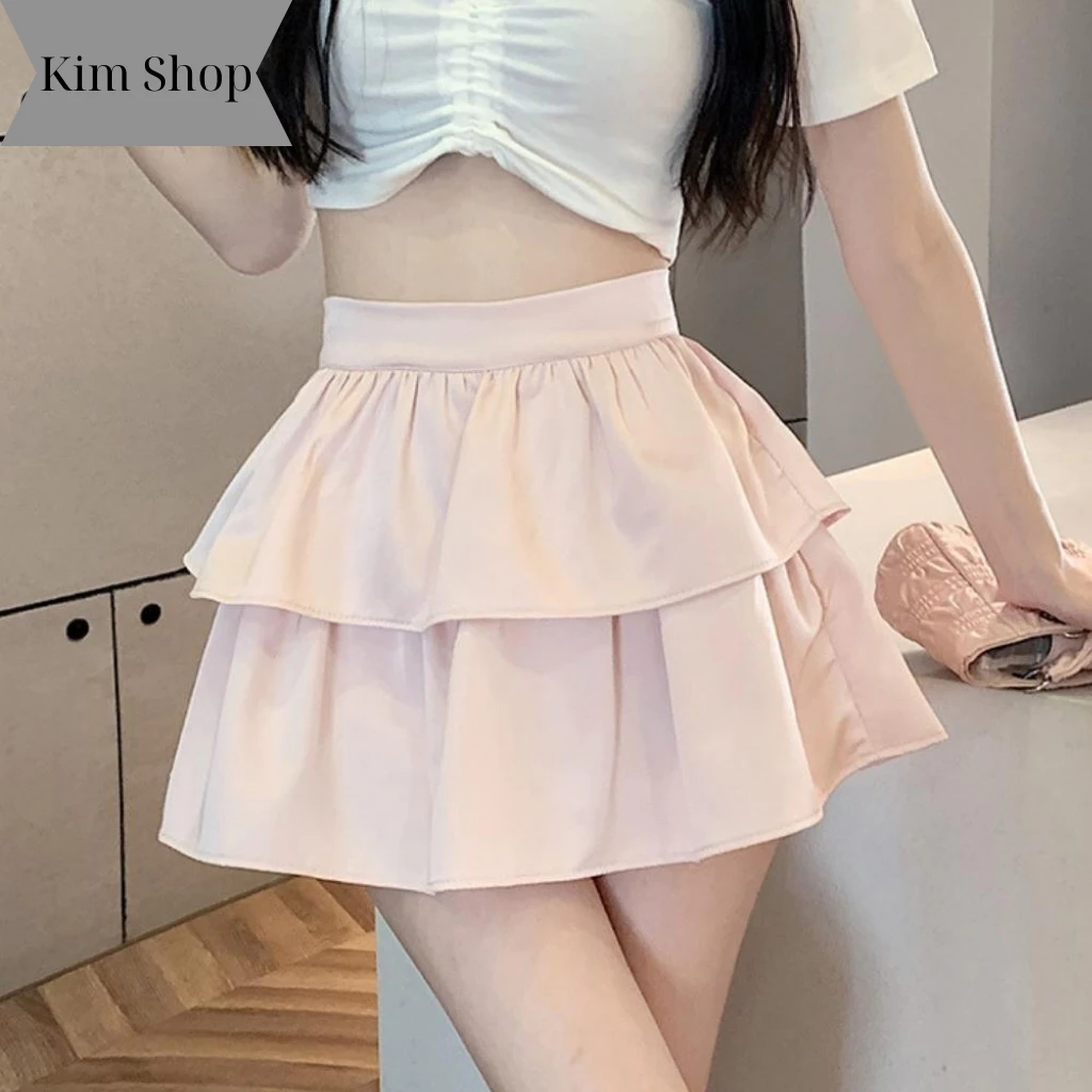 Chân váy xếp ly 2 tầng dáng xoè lưng cao Kim Fashion, Chân váy ngắn phối bèo dễ thương cực nữ tính