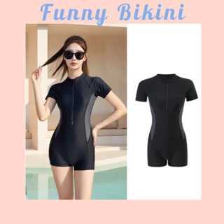 [Size M,L,XL] Bikini đồ bơi đi biển 1 mảnh khoá kéo form short phối xám kín đáo FUNNY BIKINI MS-P001