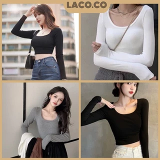 Áo len tăm nữ dài tay cổ chữ U dáng croptop năng động ôm body MSP LACO41