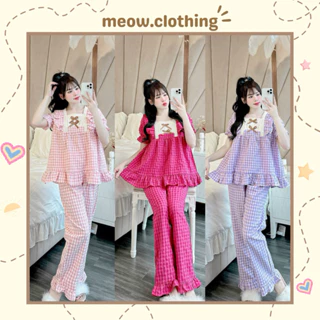 Đồ Mặc Nhà, Bộ Ngủ Nữ, Pijama Cộc Dài Vải Thô Mềm Kẻ Caro Freesize