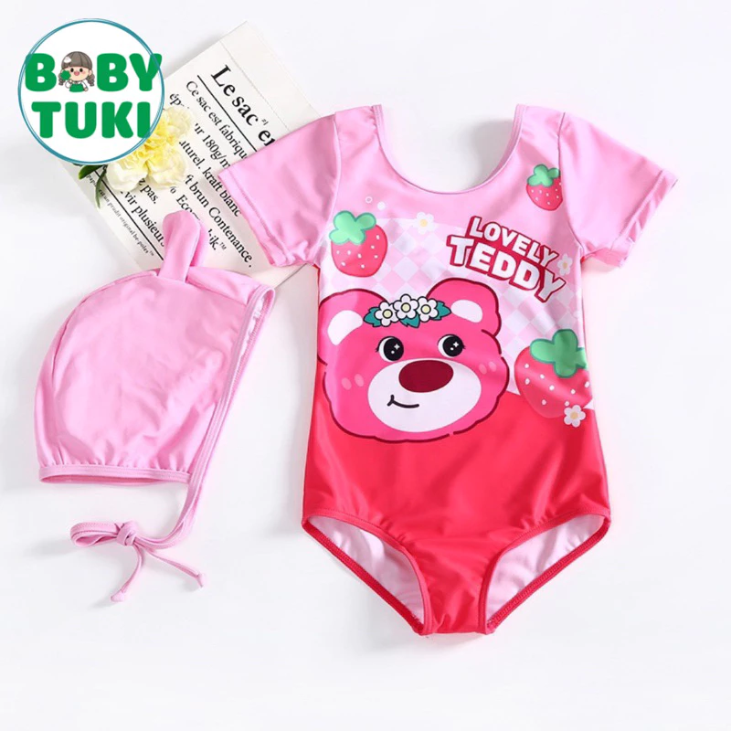 Đồ bơi cho bé gái hoạ tiết gấu dâu 8-20kg, bikini cho bé gái liền thân kèm mũ