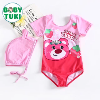 Đồ bơi cho bé gái hoạ tiết gấu dâu 8-20kg, bikini cho bé gái liền thân kèm mũ