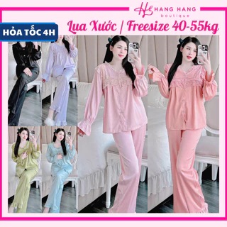 Bộ đồ ngủ cỡ nhỏ 40-55kg, đồ bộ nữ pijama dài tay cổ ren nút lụa xước, đồ ngủ lụa tiểu thư trơn mặc nhà sang chảnh