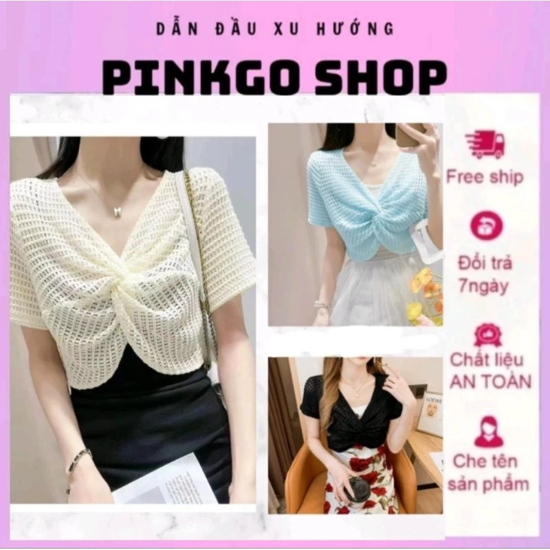 Áo khoác lưới croptop cộc tay phong cách Hàn Quốc chất len dày dặn thoáng khí  - Pinkgo Shop