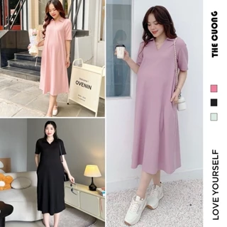 ĐẦM VÁY BẦU THANH LỊCH CỔ SƠ MI C8731 DÁNG SUÔNG CHẤT COTTON THOÁNG MÁT SANG CHẢNH - VÁY ĐẦM CÔNG SỞ DỰ TIỆC FREESIZE