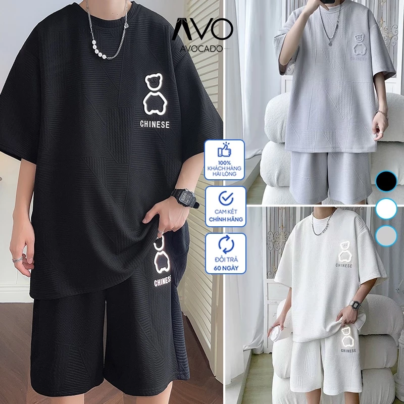 Đồ Bộ Quần áo Thể Thao Nam nữ mùa hè cộc tay mặc ở nhà không nhăn Chất Xốp hình Gấu co giãn cao cấp thoáng mát Avocado